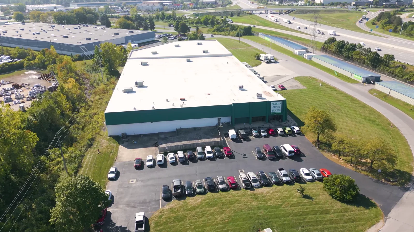 Aerial view of the Premier Office Movers commercial warehouse facility near Columbus, OH