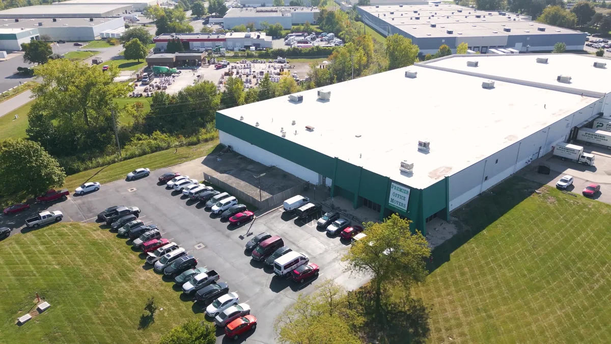 Aerial view of the Premier Office Movers commercial warehouse in Columbus, OH where long-term client assets are stored